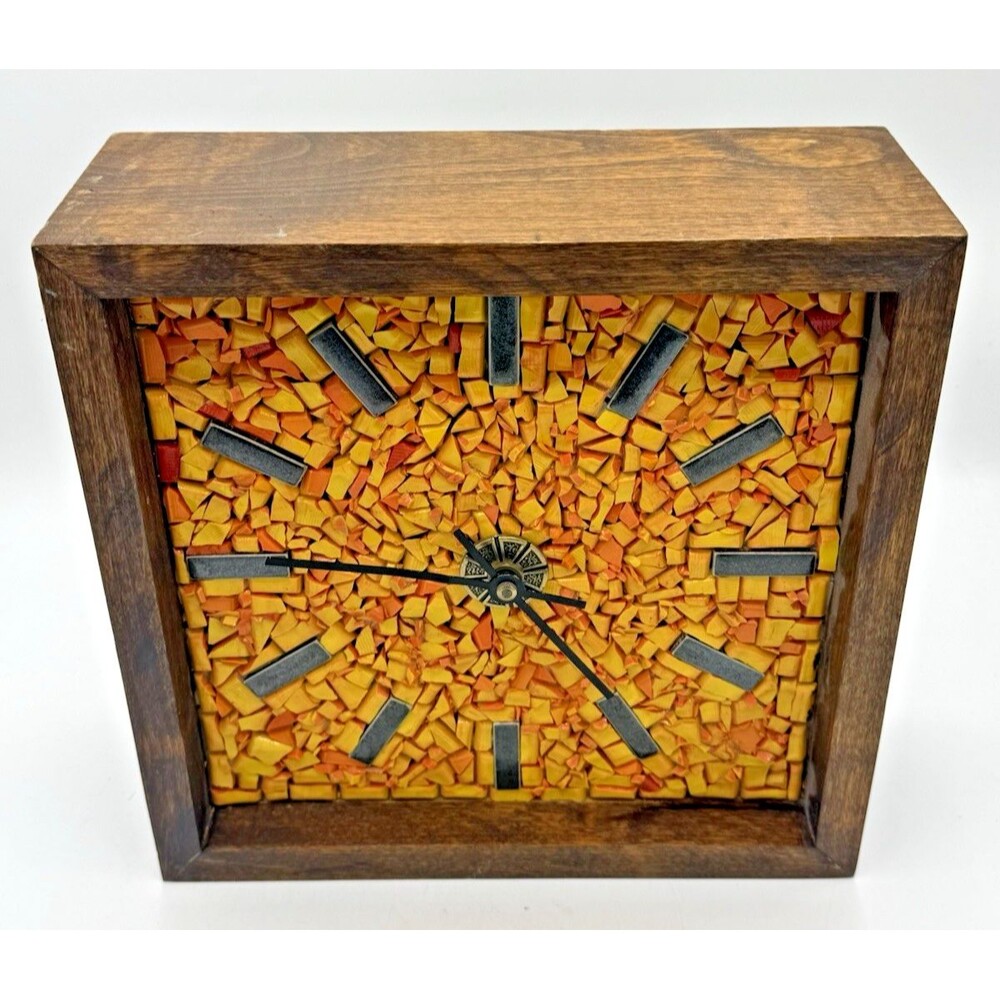 Vintage Stone Mosaic Shadow Box Clock Wood Frame Orange MCM 10.5" Not Working